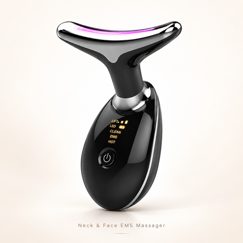A black neck and face EMS massager with a curved T-shaped head, glossy finish, and a digital display showing settings, set against a light beige background.