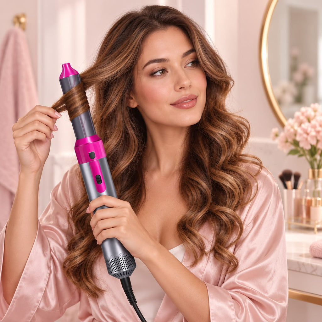 A woman with long, wavy brown hair uses a curling iron with bright pink and gray accents to curl a section of her hair, wearing a light pink satin robe in a bright, modern bathroom setting.