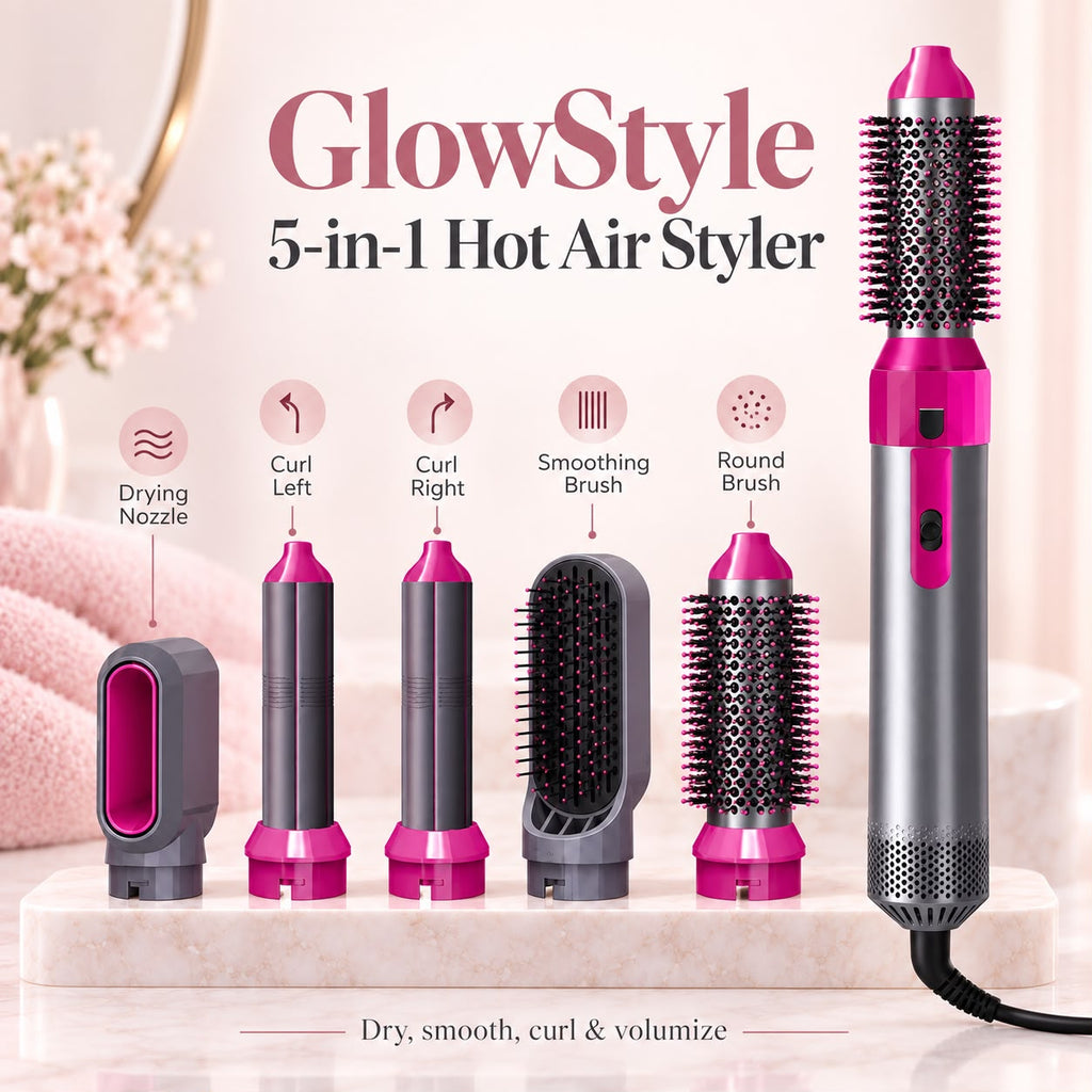 GlowStyle 5-in-1 Hot Air Styler set shown with multiple attachments on a marble surface against a soft pink background. The main handheld styler is on the right, and five styling nozzles and brushes are lined up on the left with labels pointing to each feature.