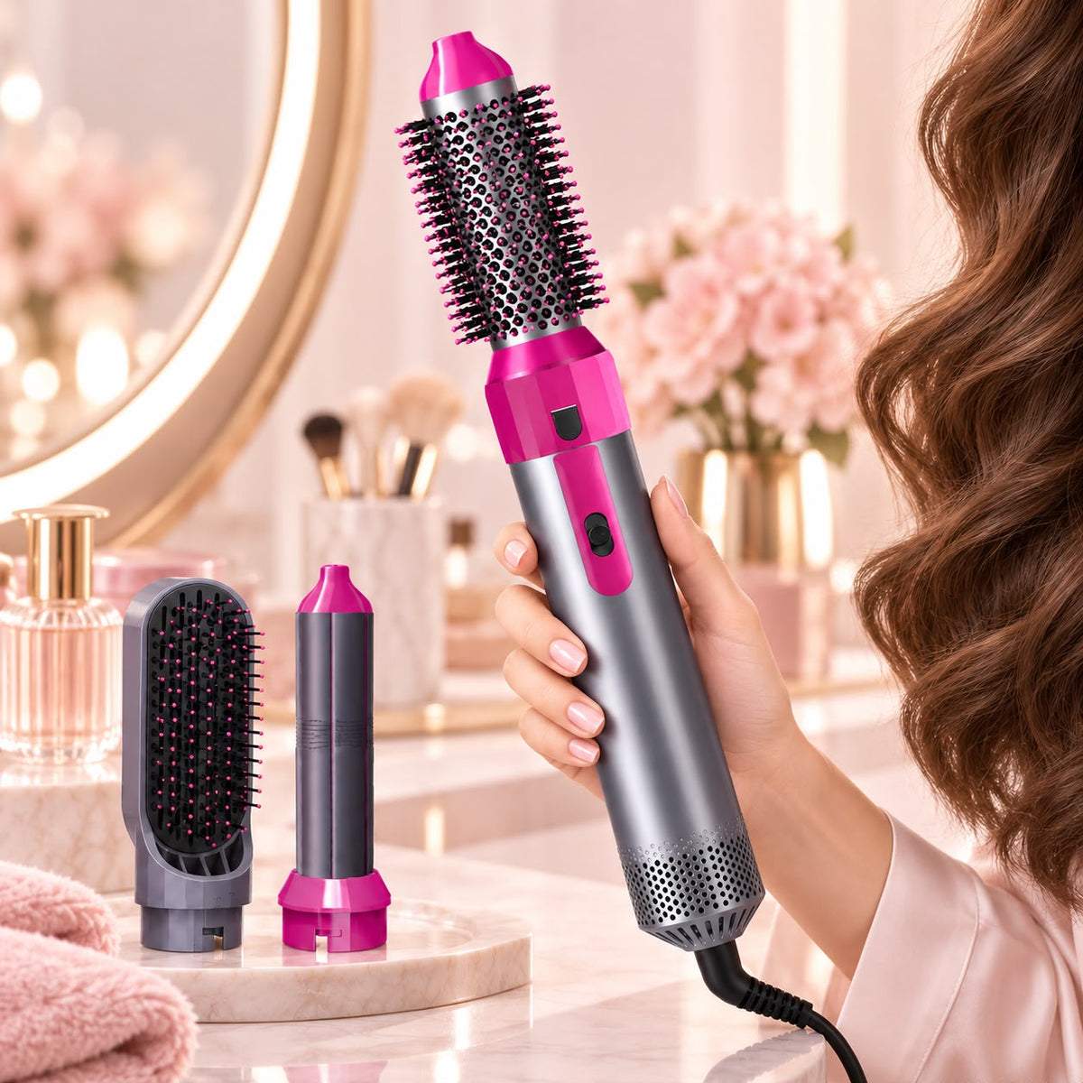 A woman holds a pink and gray round brush hair styler in a bright vanity setting. The styler is shown alongside two interchangeable brush attachments on a marble tray, with a mirror and pink flowers in the background.