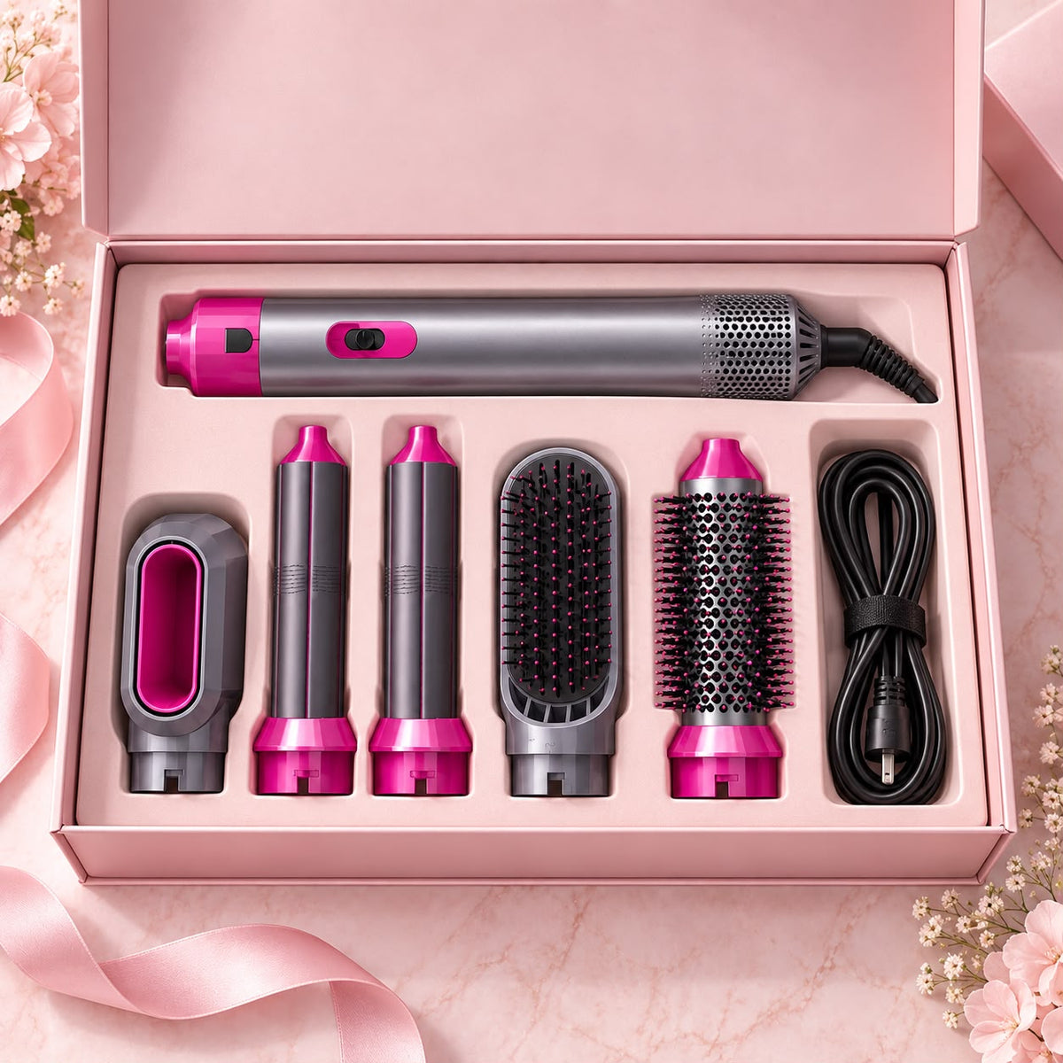 A hair styling tool set arranged in an open pink presentation box, including a main styler, three barrel attachments, a flat brush attachment, a round brush attachment, and a black charging cable. The tools are primarily silver and dark gray with bright pink accents, set against a soft pink marble background with decorative flowers and ribbon.