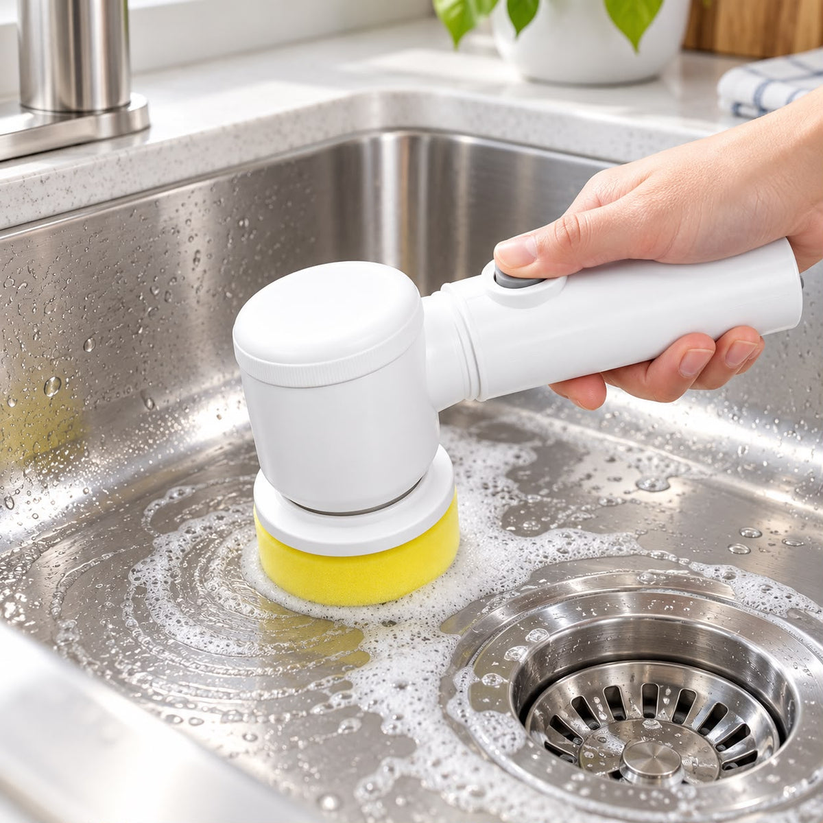 A handheld electric sink cleaner with a white handle and yellow scrubbing pad being used in a stainless steel kitchen sink filled with soapy water, held by a person's hand.