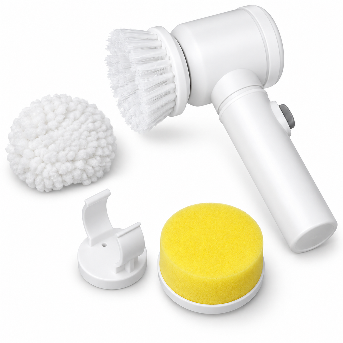 White handheld electric brush cleaner shown with three interchangeable attachments: a white bristle brush head, a white textured scrubber pad, a white mounting clip, and a yellow sponge pad, all on a clean white background.