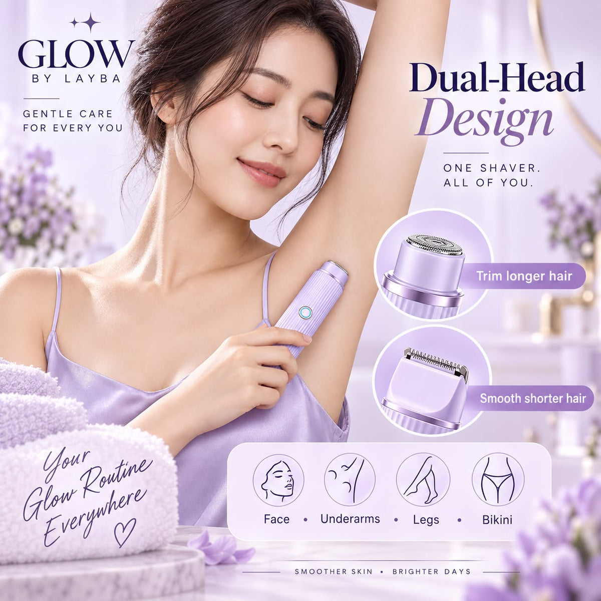 A woman in a lavender robe uses a lavender dual-head electric shaver on her underarm. The ad includes text reading 'GLOW BY LAYBA' and 'Dual-Head Design,' with circular close-ups of the shaver heads and icons showing use on face, underarms, legs, and bikini areas.
