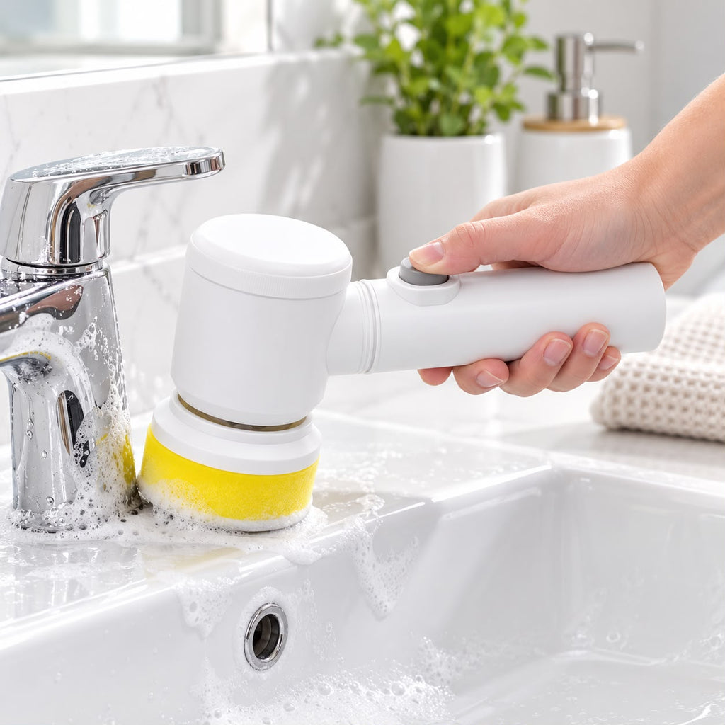 A hand holding a white handheld electric cleaning brush with a yellow scrubber pad, cleaning a white sink faucet in a bright bathroom setting.