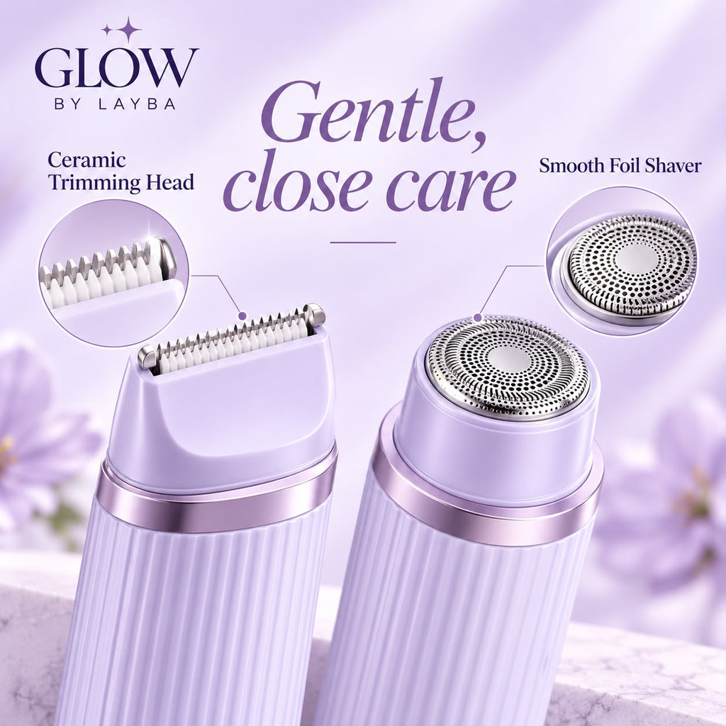 Layba Glow electric facial trimmer and foil shaver set in a soft lavender studio setting, with two close-up views of the devices and circular inset details of the ceramic trimming head and smooth foil shaver. Text reads 'Glow by Layba' and 'Gentle, close care'.