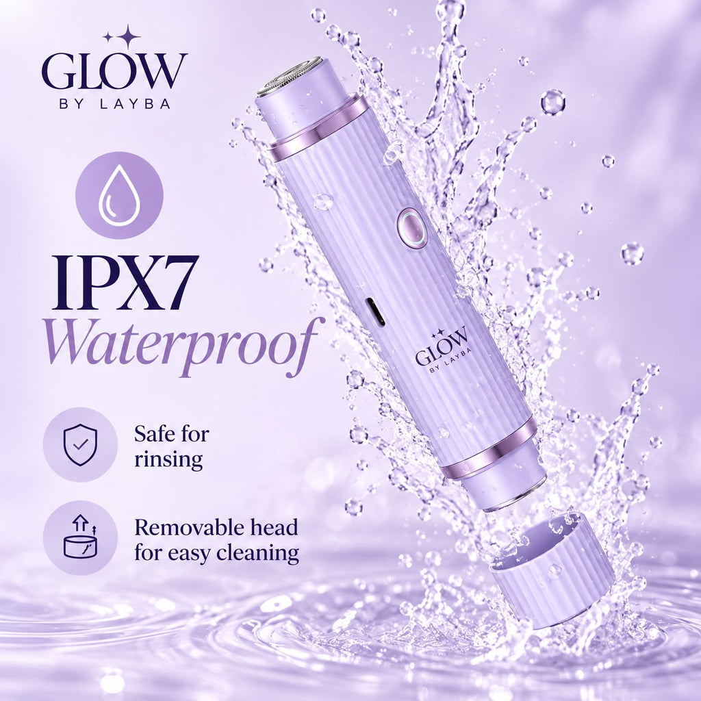 A purple and silver Glow by Layba beauty device shown with water splashes and text highlighting IPX7 waterproofing, safe rinsing, and a removable head.