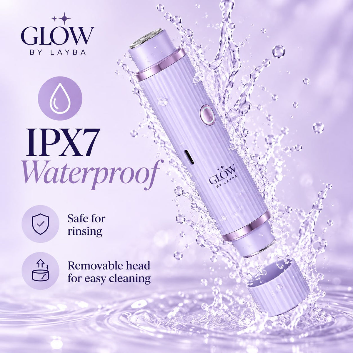 A purple and silver Glow by Layba beauty device shown with water splashes and text highlighting IPX7 waterproofing, safe rinsing, and a removable head.